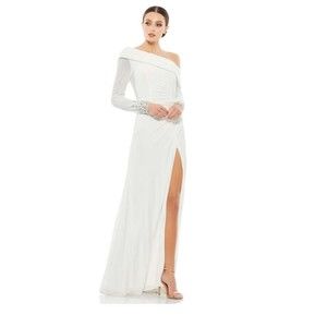Mac Duggal Beaded Cuff Drop Shoulder Long Sleeve Slit Gown Size 8 White 12231